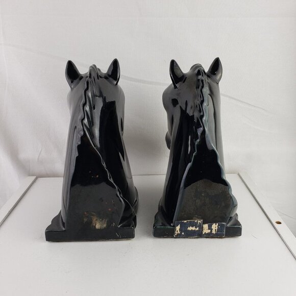 Vintage Abingdon Pottery USA Glossy Black Horse Head Bookends - Picture 3 of 4